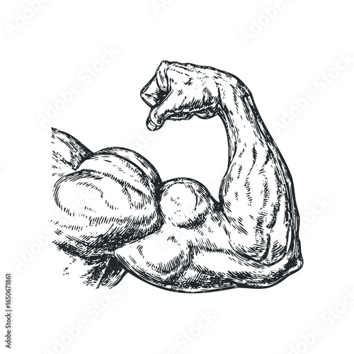 Detailed ink sketch of a flexed human bicep muscle showing definition