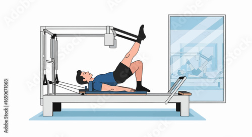 Man doing a single leg bridge exercise on a reformer machine for core strengthening. Mind-body fitness and wellness concept.