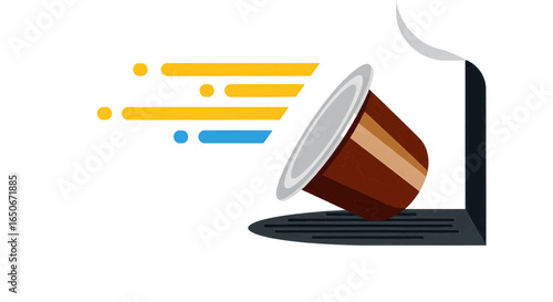 Dynamic illustration of a modern single-serve coffee capsule with vibrant speed lines, symbolizing fast and convenient beverage preparation for a quick lifestyle.