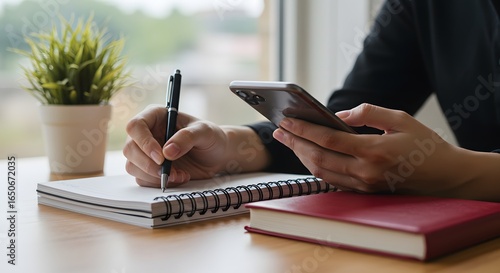 Multitasking Professional: Phone, Notebook, and Planning