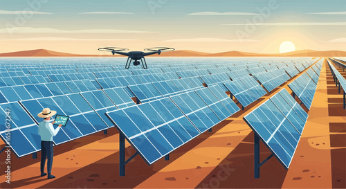 Engineer using a drone and tablet to inspect a large solar panel farm for renewable energy production at sunset