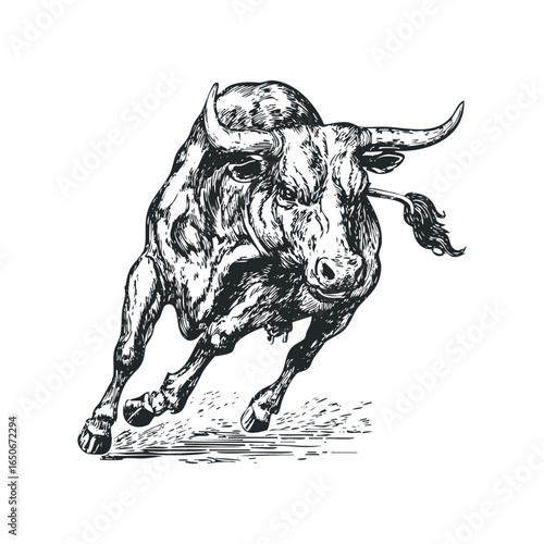 Dynamic Black and White Sketch of a Charging Bull Animal