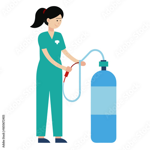 Nurse operating medical equipment with oxygen tank