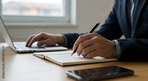 Professional at Work: Laptop, Notebook and Phone on Desk