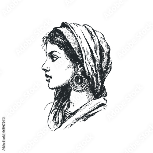 Indian Woman Wearing Headscarf and Ornate Earring in Profile