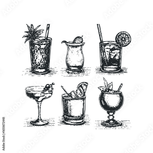 Collection of six hand-drawn cocktail drinks with garnishes and ice