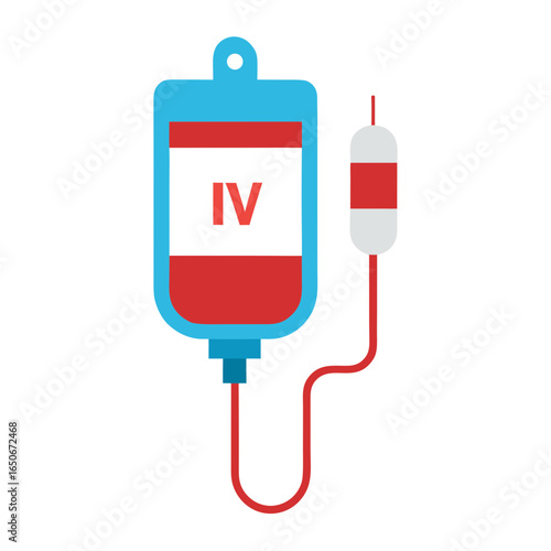 Medical iv drip bag with red fluid and iv tubing