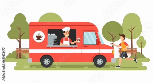 Runner buying a takeaway coffee from a barista in a red truck at the city park. Healthy morning routine and small business concept.
