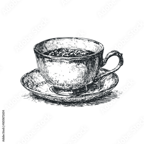 Detailed ink sketch of a vintage teacup filled with coffee beans on a matching saucer