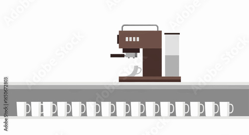 Coffee machine on a conveyor belt with a long line of empty white cups, a concept of automation, mass production, and beverage service.