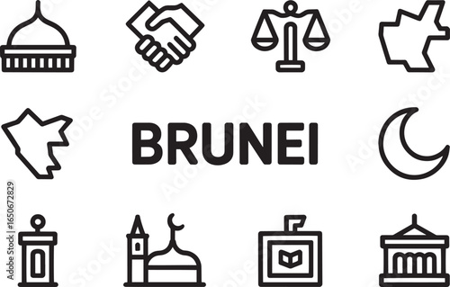 Brunei Government Outline with Handshake, Justice Scale, Mosque, and Crescent Icons Vector