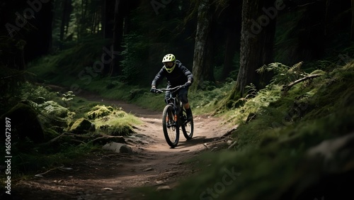 Cyclist riding a mountain bike through a forest trail