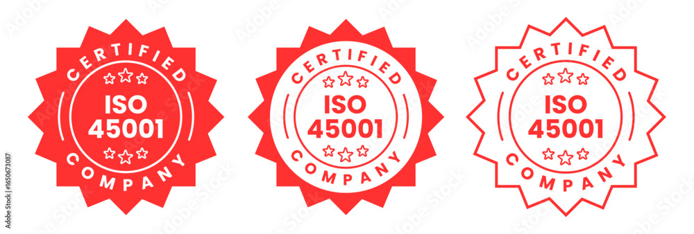 Obraz premium ISO 45001 Certified Company Stamp Badge Seal, Label Quality Assurance Compliance Mark for Occupational Health and Safety Management Standard Certification Vector Illustration on Transparent Background