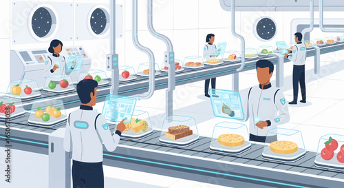 Futuristic food production factory with scientists using advanced holographic technology for quality control