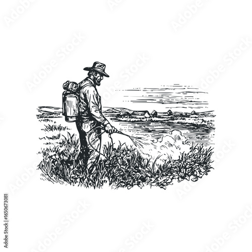 Farmer in hat spraying crops in a field with backpack sprayer