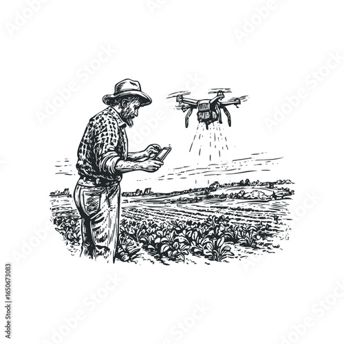 Farmer operates drone using tablet to survey crops in cultivated field