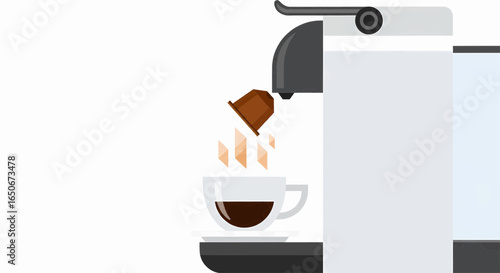 Modern automatic coffee machine brewing a fresh cup of hot beverage, with a coffee capsule dropping into place, symbolizing convenience and daily ritual.