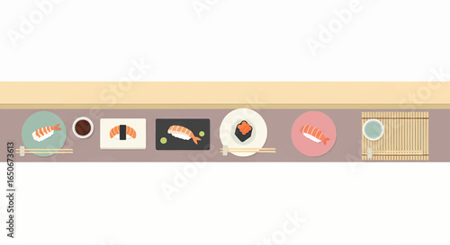 Overhead view of a delightful Japanese sushi and sashimi spread on a clean wooden table, showcasing various traditional dishes, chopsticks, and a cup, perfect for a culinary experience.