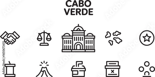 Cabo Verde Government Outline with Handshake, Justice Scale, Volcano, and Voting Box Icons