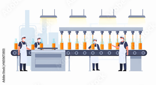 Factory workers managing an automated beverage production line with a conveyor belt system for bottling.