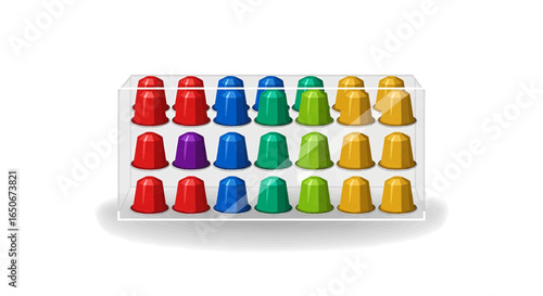 Brightly Colored Coffee Pods Neatly Arranged in a Clear Display Stand