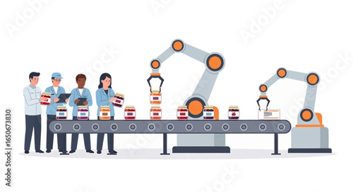 Food Production Line Automation Robots and Workers Packaging Preserves