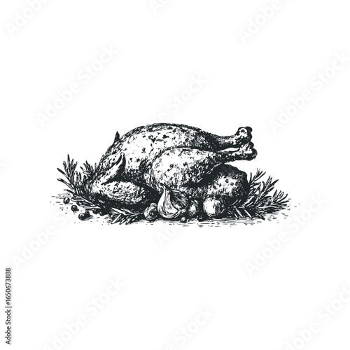 Detailed Sketch of Roasted Chicken with Garlic and Herbs
