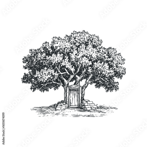 Imaginative tree with wooden door nestled amongst its roots