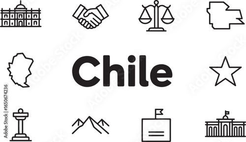 Chile Nation Outline Icons Set Political System Government Structure and Social Elements