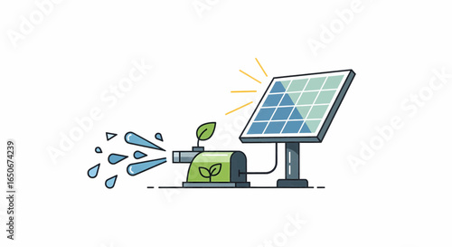 Renewable energy concept with a solar panel operating a water pump for clean water irrigation and sustainable farming.