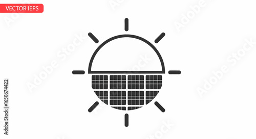 Solar energy icon with a sun and panel design. Vector symbol for renewable, sustainable, and clean green power technology.