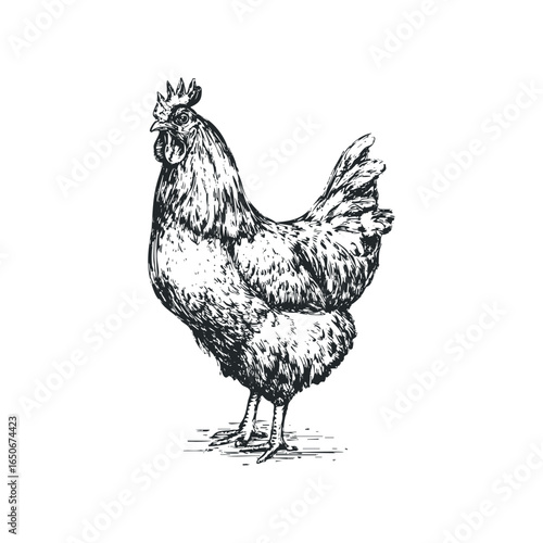 Detailed sketch of a rooster standing with a textured plumage