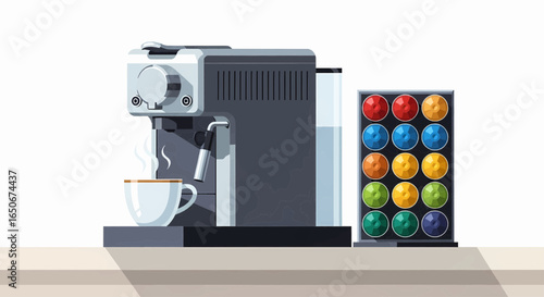 Home coffee brewing concept with a modern pod espresso machine making a steamy cup next to colorful capsules