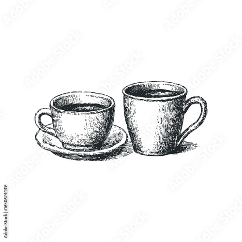 Vintage illustration of two coffee cups with beverages