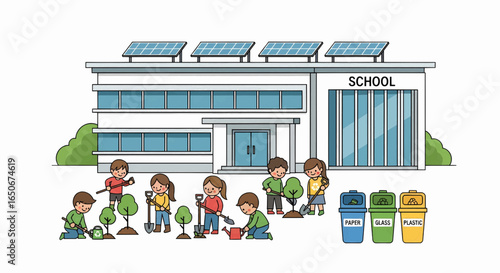 Eco-friendly school with solar panels where children learn about sustainability by planting trees and recycling. Environmental education concept.