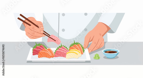 Culinary artistry in Japanese cuisine with a chef carefully arranging fresh salmon and tuna sashimi platter