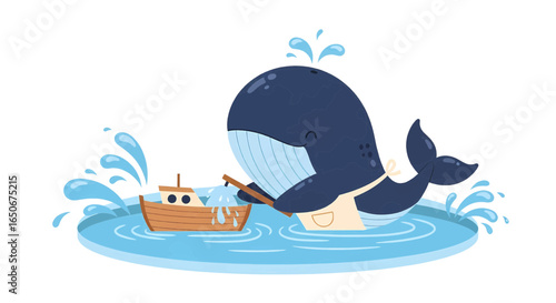 Playful blue whale character in an apron having fun with a small wooden toy boat. A cute and whimsical illustration concept of a gentle giant.