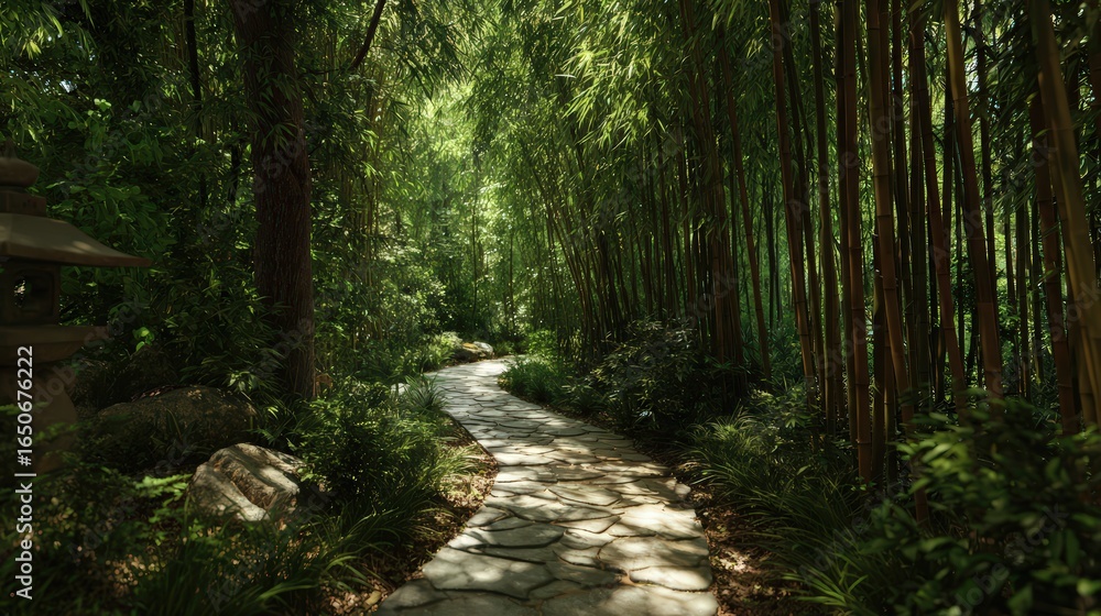Obraz premium Serene Stone Path Winding Through Lush Green Bamboo Forest with Stone Lantern isolated on a transparent background