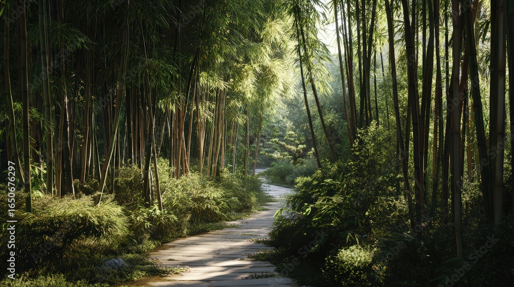 Obraz premium Serene Bamboo Forest Path Winding Through Lush Greenery Sunlight Dappled isolated on a transparent background