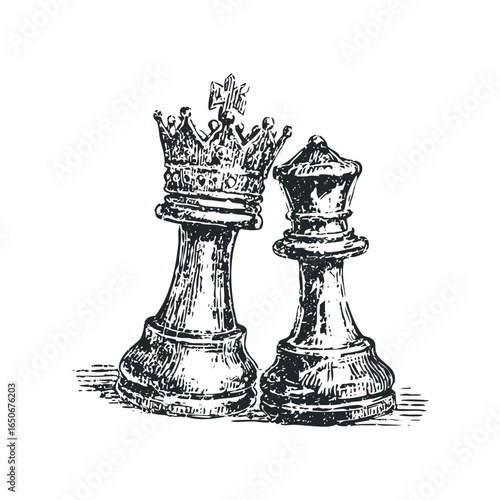 Two chess pieces, a king and a queen, standing together on a white background