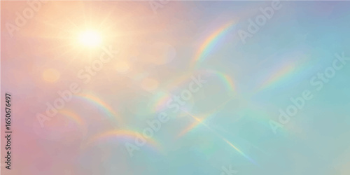 A bright rainbow of colors shimmers across a stormy sky, an abstract design with rays of light and bokeh