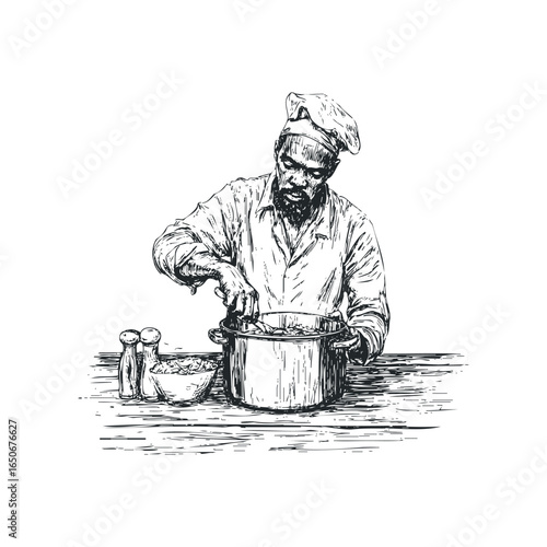 Black man wearing chef hat stirring ingredients in a large pot