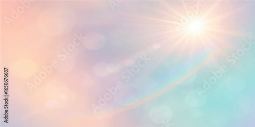 Blue and bright sky with sun rays bursting through the clouds, a summer nature illustration