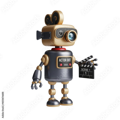 Cute Actor Bot Holding Clapperboard Standing On Transparent Background With 3D Render
