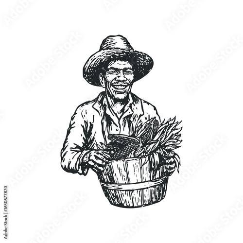 Farmer with basket of corn cobs wearing a hat and smiling