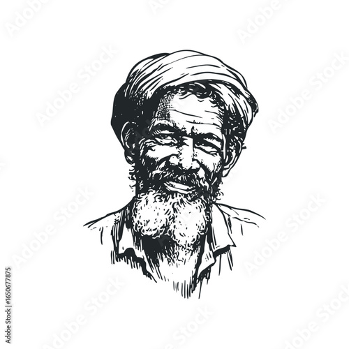 Elderly Man with Turban and Beard Sketch Portrait