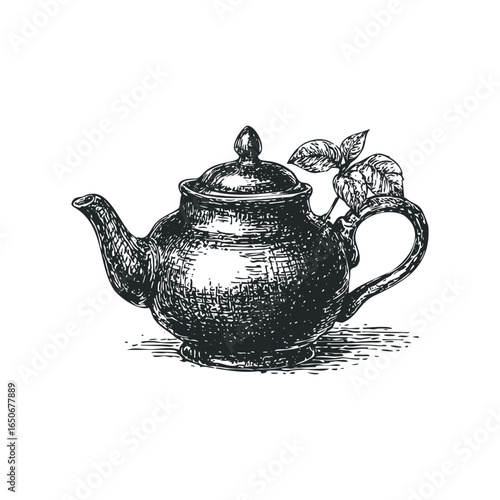 Black and White Sketch of a Classic Metal Teapot with Green Leaves