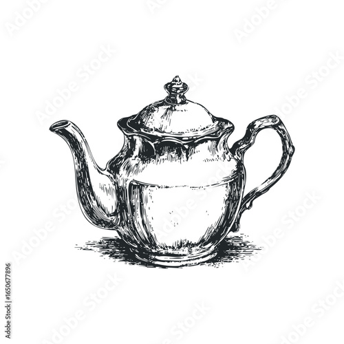 Detailed Sketch of an Ornate Metal Teapot on a White Background