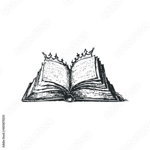 Open book with crowns on pages and a vintage drawing style