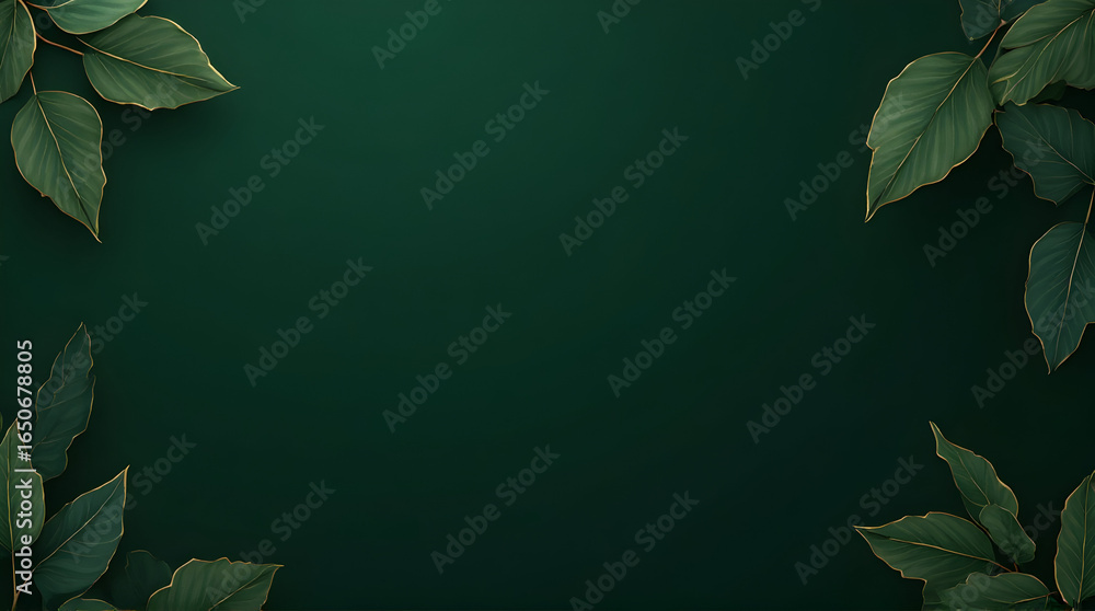 Fototapeta premium Elegant Leaves Frame on Dark Green Background with Gold Edges